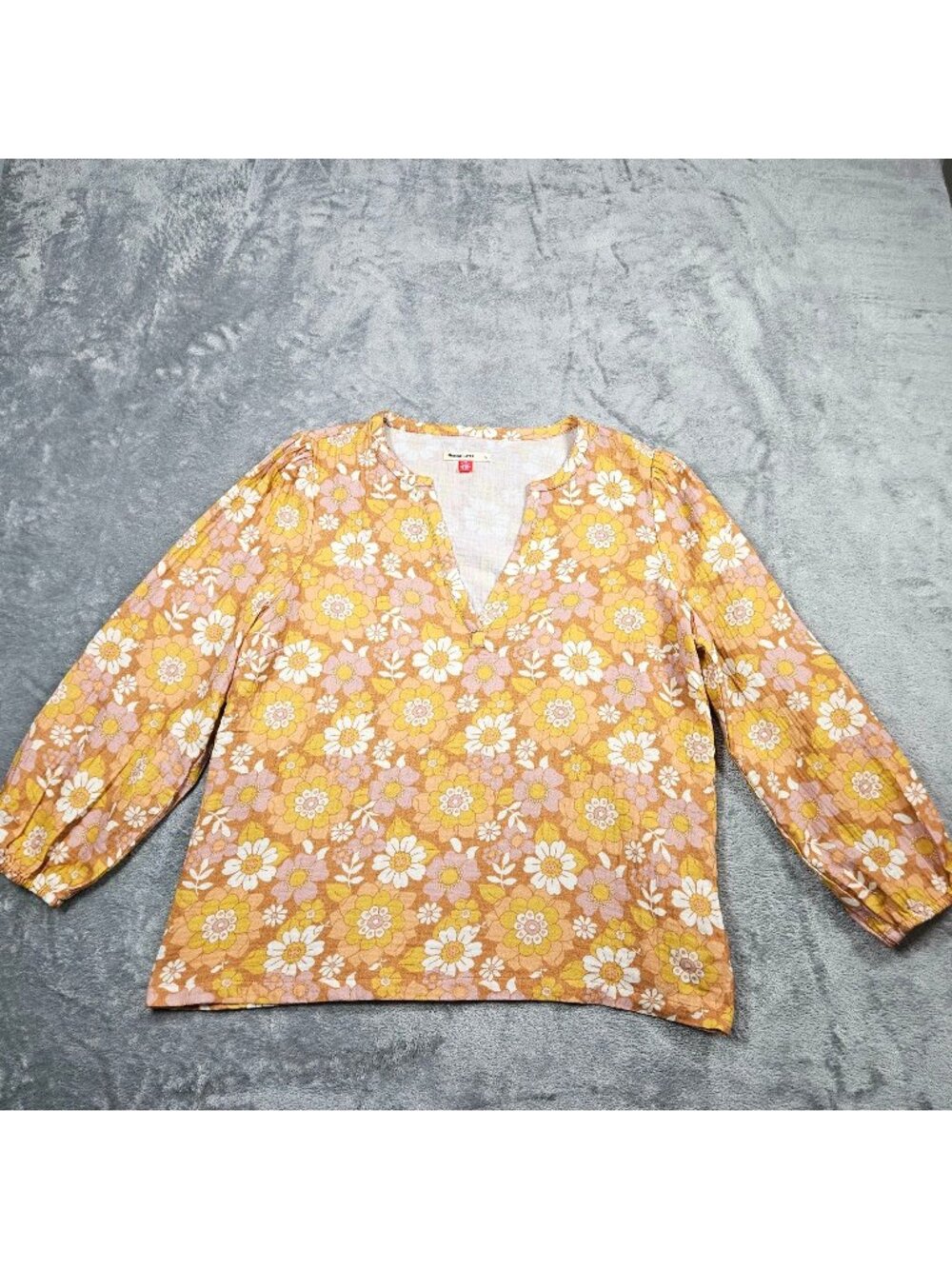 Marine Layer Top Womens Large Yellow Jamie Mod Floral Retro Boho Beachy Blouse
